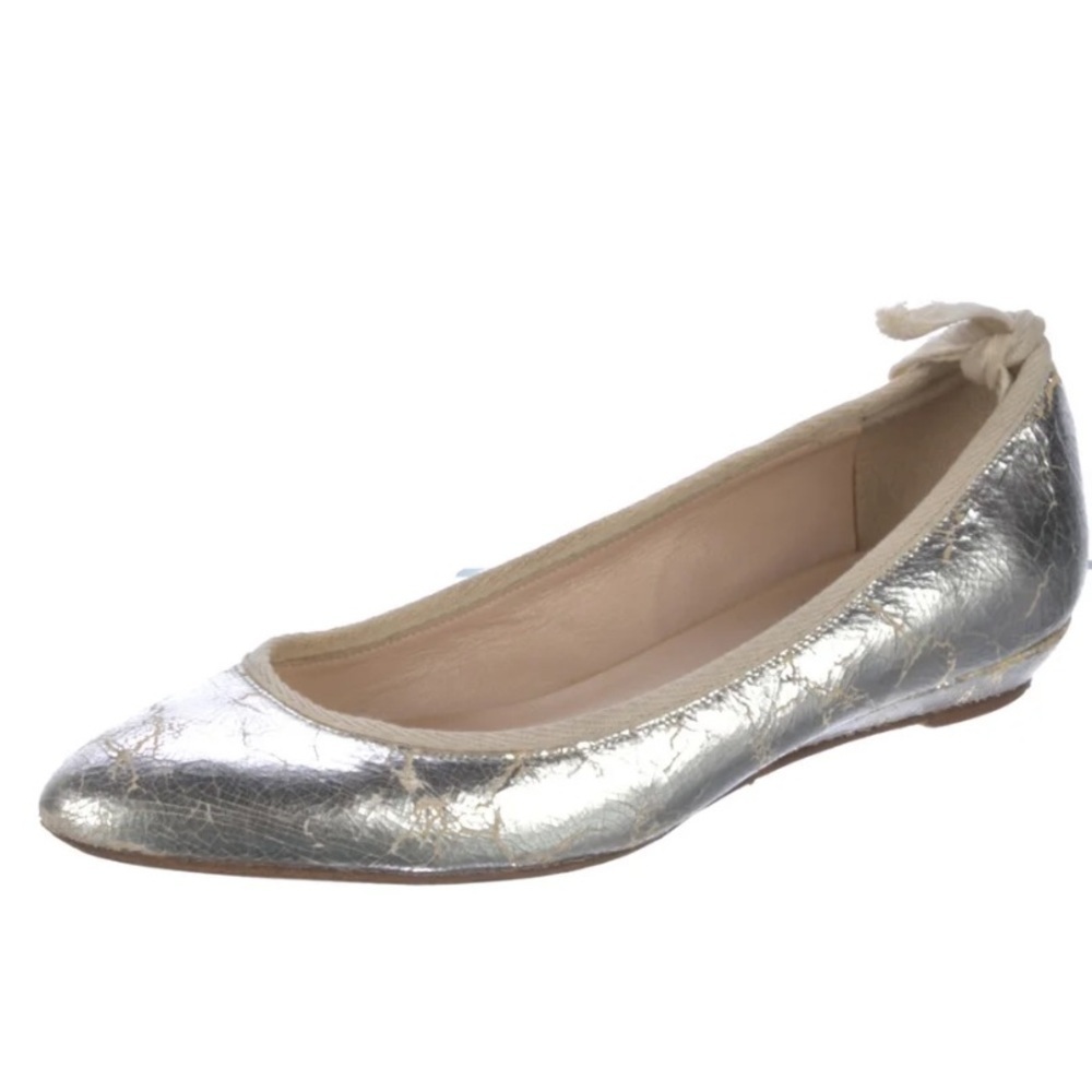 Loeffler Randall silver crinkle leather ivory trim Bow ballerina shoes Sz 7 1/2